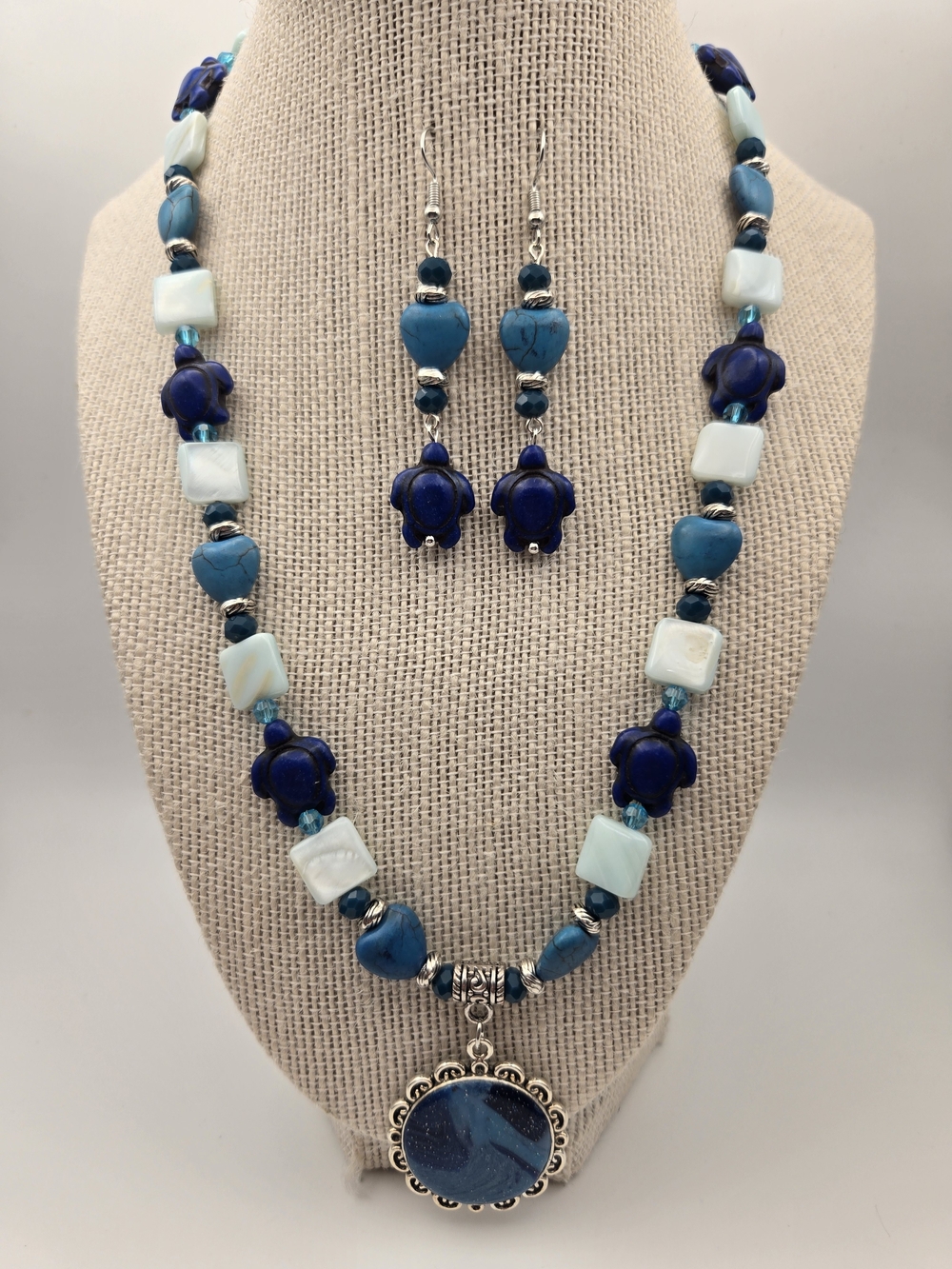 Blue Beaded Necklace and Earrings Set - Shell And Howlite